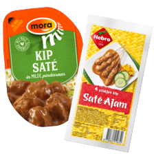 Hebro of Mora saté, Mora snackbroodjes,
loaded topping, gehaktballetjes of loempia’s